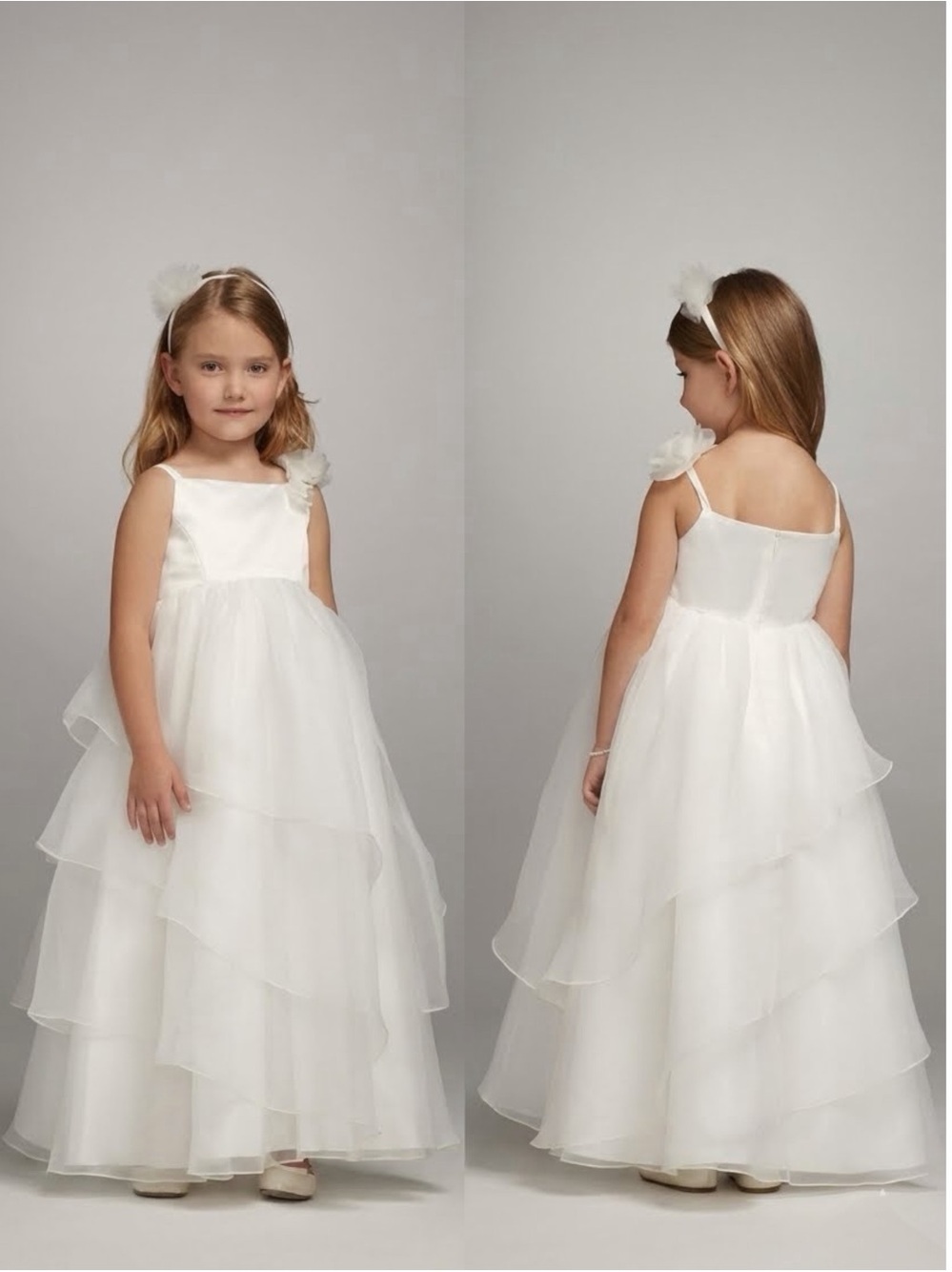 David’s Bridal White Organza Tiered Flower Girl Dress WG1267 Size 6 - Picture 1 of 16